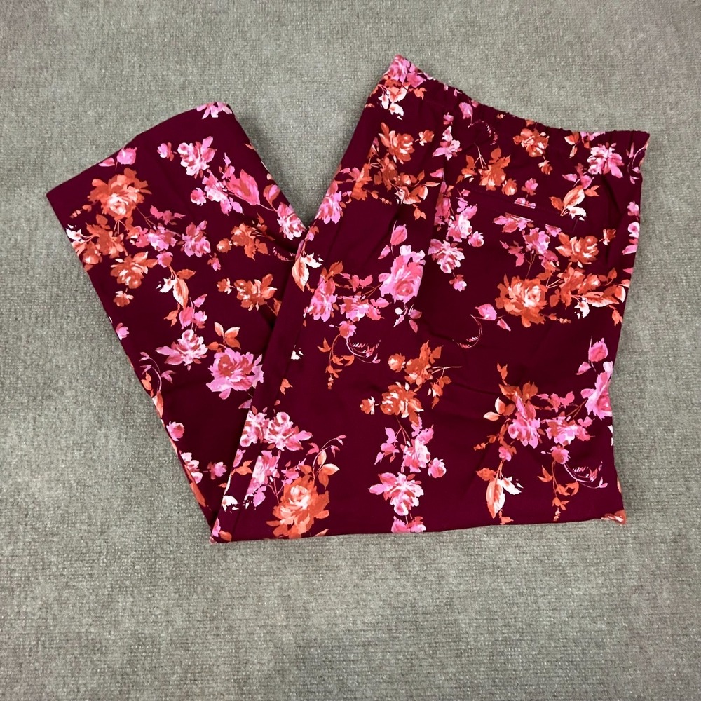 Isaac Mizrahi Live! Dress Pants Womens 30WP Burgundy Floral Office Wear Pull-On